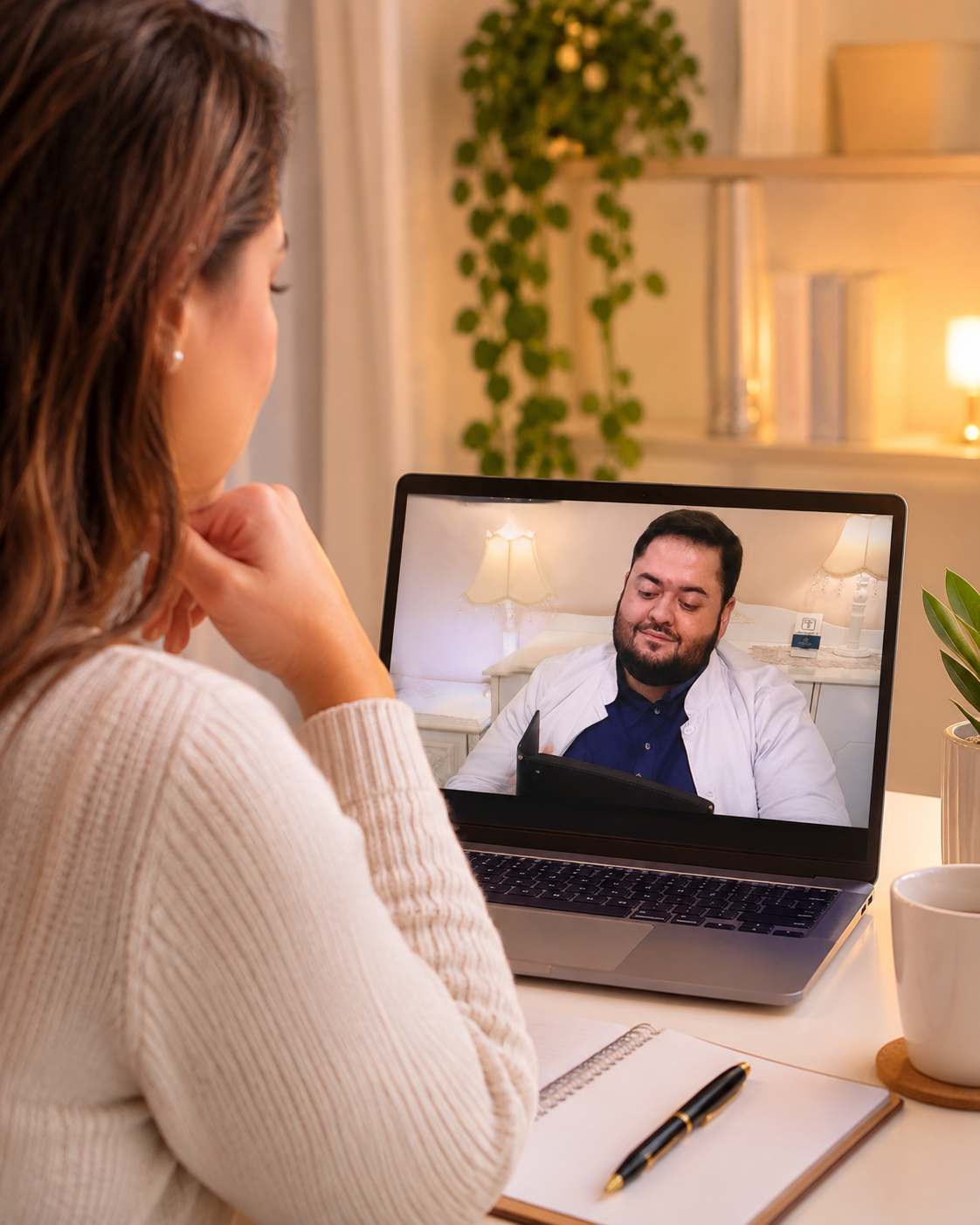 Médico Dr. Tiago Padilha durante consulta online com paciente via computador.